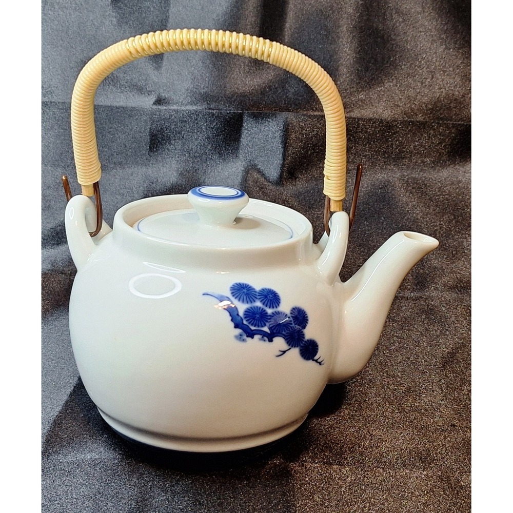 1970s Blue and White Ceramic Teapot with Pine Tree Motif and Rattan Handle
